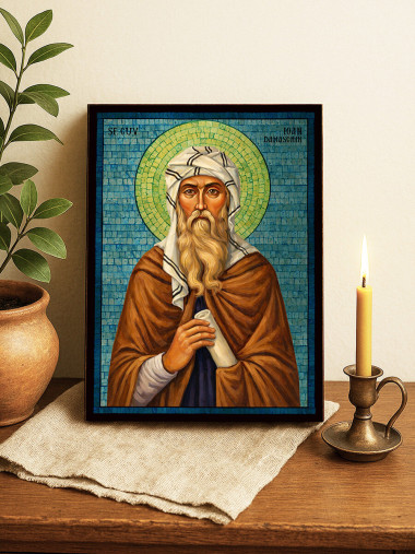 Icoană cu Sfântul Ioan Damaschin cu mozaic albastru argintiu