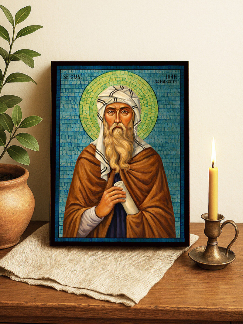 Icoană cu Sfântul Ioan Damaschin cu mozaic albastru argintiu