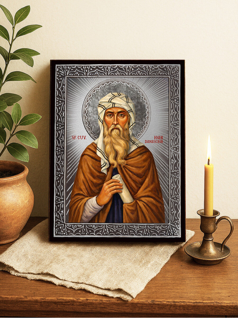 Icoană cu Sfântul Ioan Damaschin cu raze argintii decorative