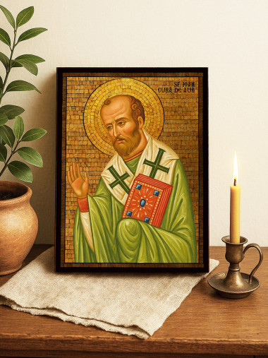 Icoană cu Sfântul Ioan Gură de Aur cu mozaic auriu decorativ