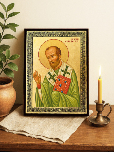 Icoană aurită cu Sfântul Ioan Gură de Aur și ramă decorativă