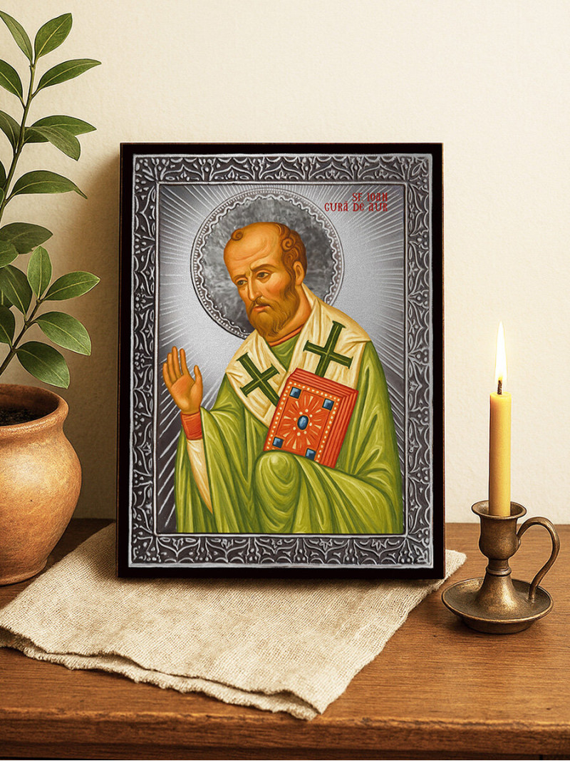 Icoană cu Sfântul Ioan Gură de Aur cu raze argintii decorative