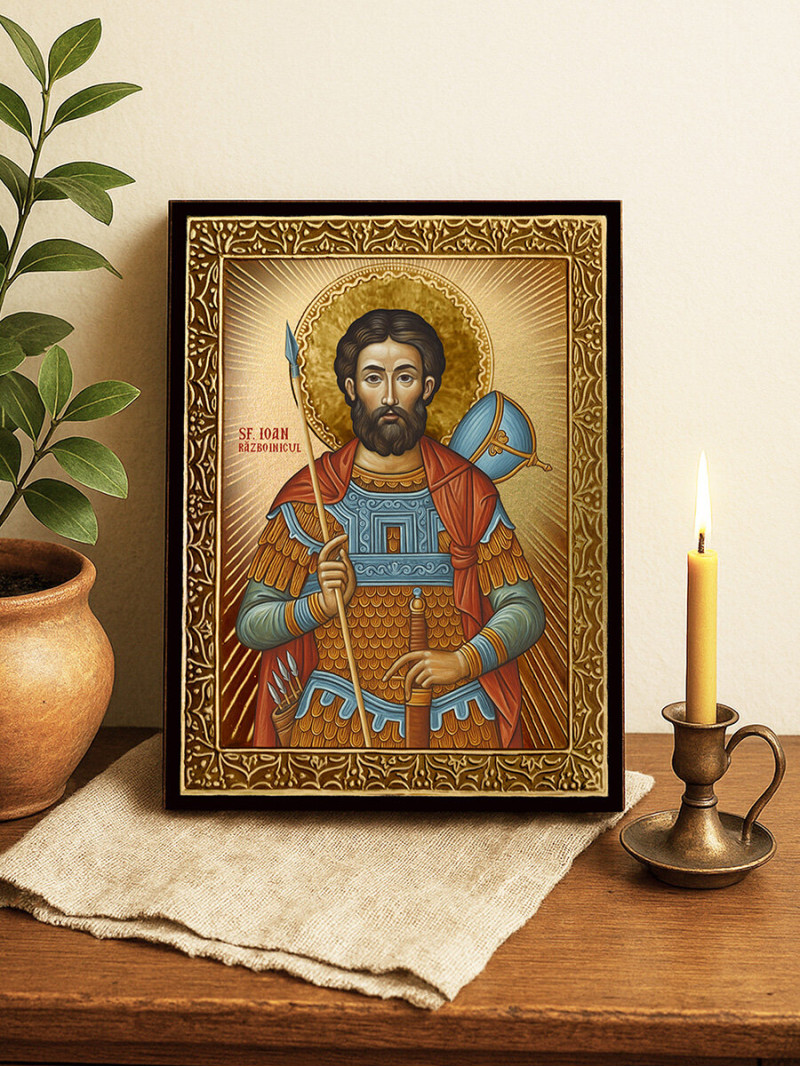 Icoană cu Sfântul Ioan Războinicul cu raze aurii decorative