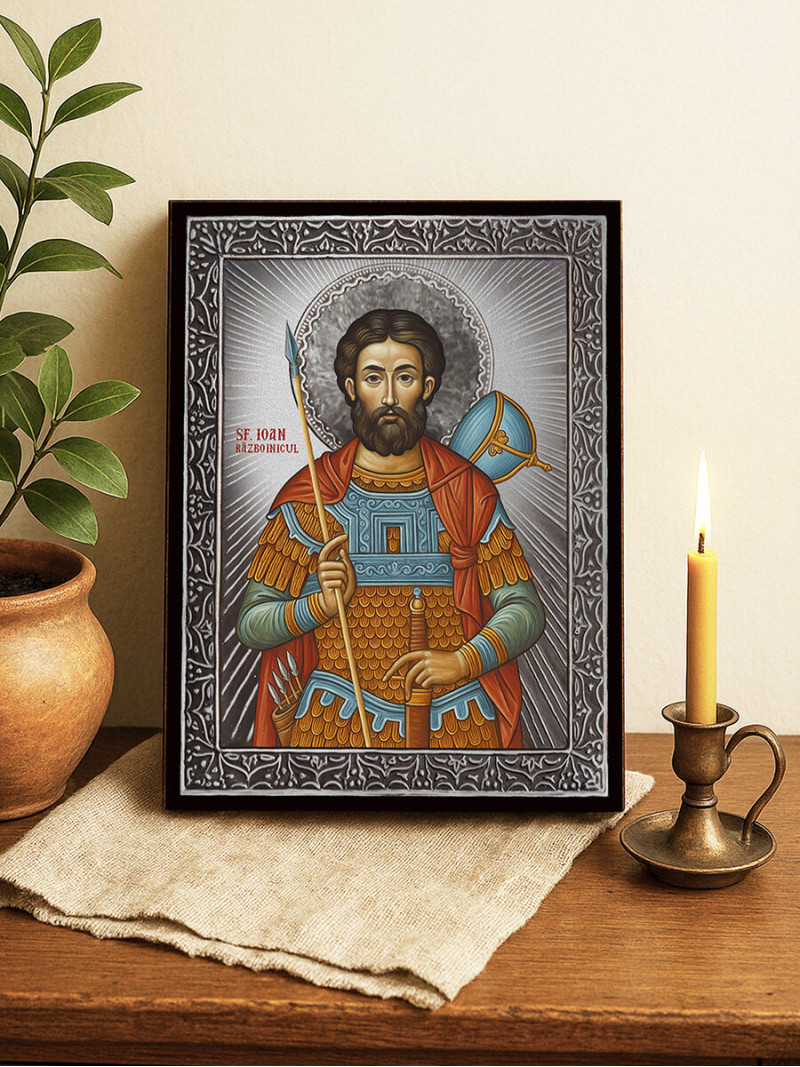 Icoană cu Sfântul Ioan Războinicul cu raze argintii decorative