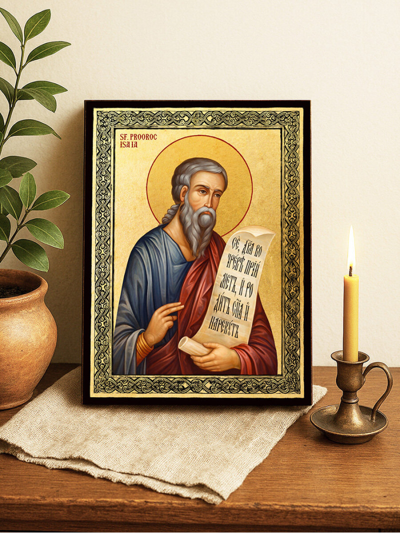 Icoană aurită cu Sfântul Isaia și ramă decorativă