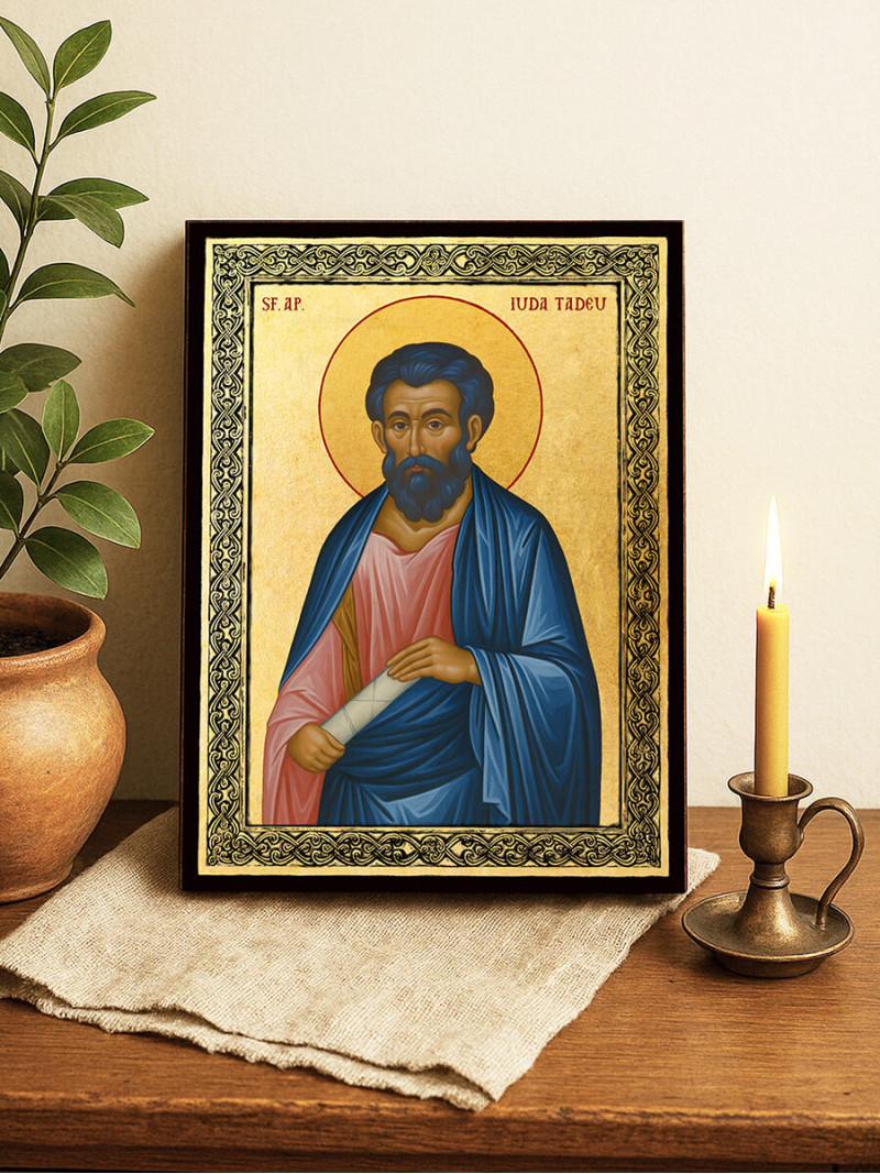Icoană aurită cu Sfântul Iuda Tadeu și ramă decorativă