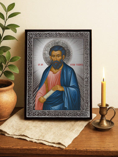 Icoană din argint cu Sfântul Iuda Tadeu și raze decorative