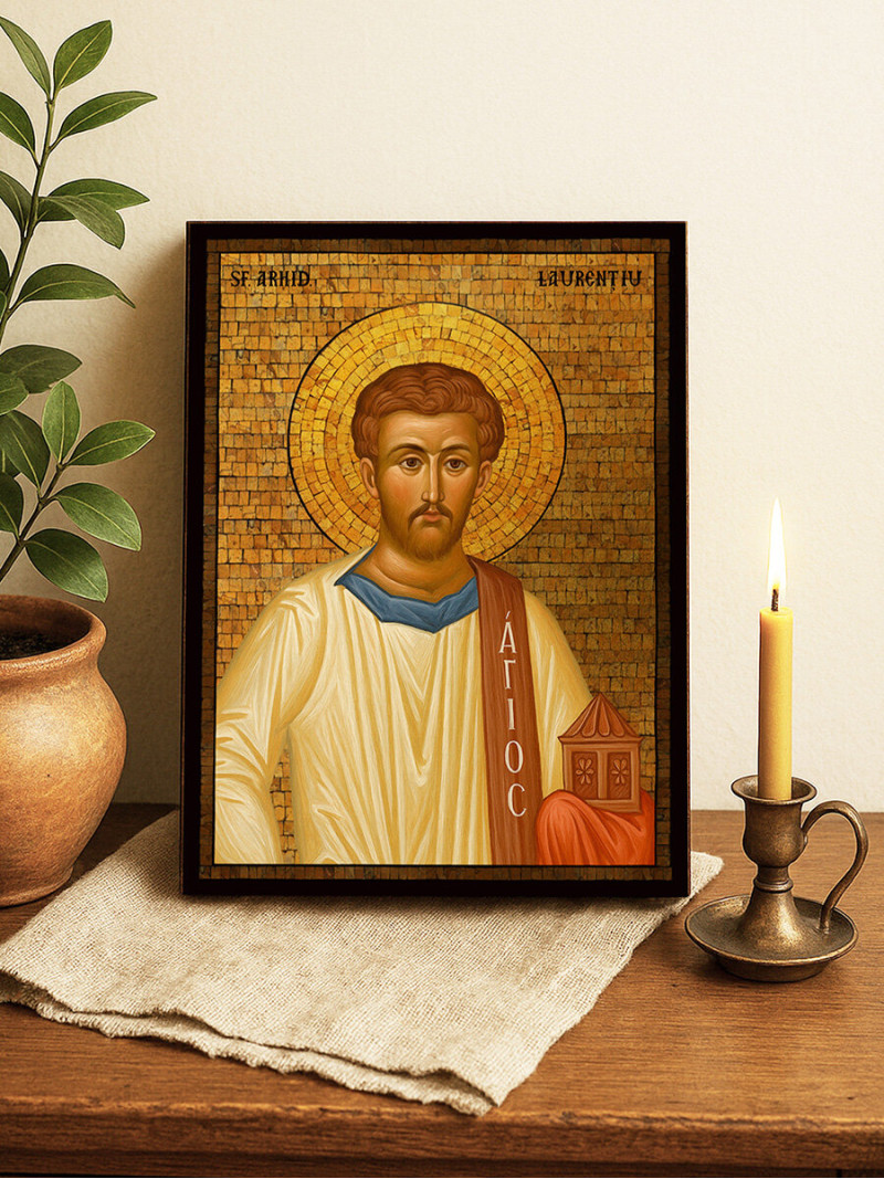 Icoană cu Sfântul Laurențiu cu mozaic auriu decorativ