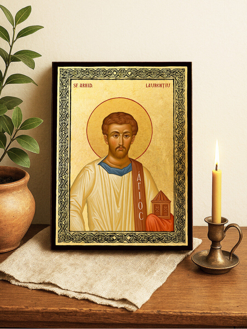 Icoană aurită cu Sfântul Laurențiu și ramă decorativă
