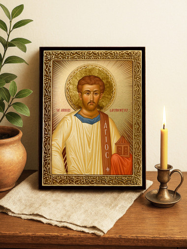 Icoană cu Sfântul Laurențiu cu raze aurii decorative