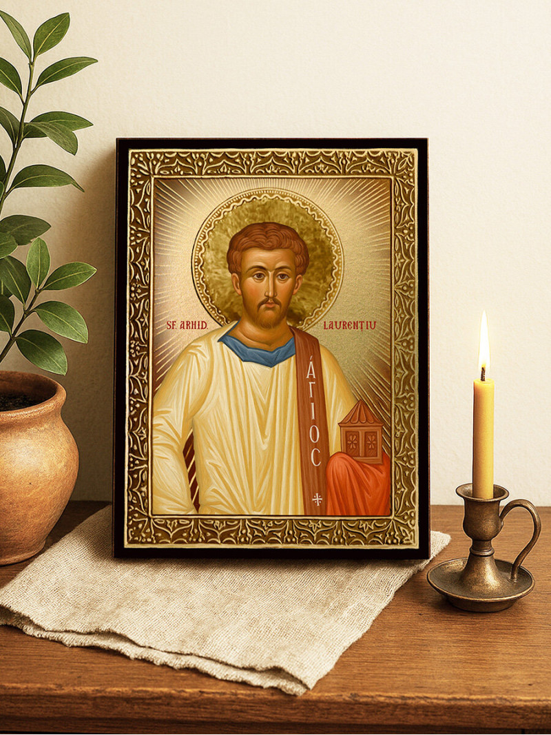 Icoană cu Sfântul Laurențiu cu raze aurii decorative