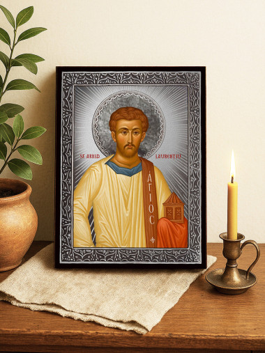 Icoană cu Sfântul Laurențiu cu raze argintii decorative
