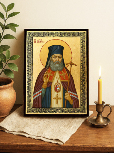 Icoană aurită cu Sfântul Luca al Crimeei și ramă decorativă