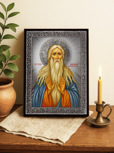 Icoană cu Sfântul Macarie cu raze argintii decorative