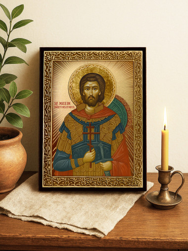 Icoană cu Sfântul Maxim cu raze aurii decorative