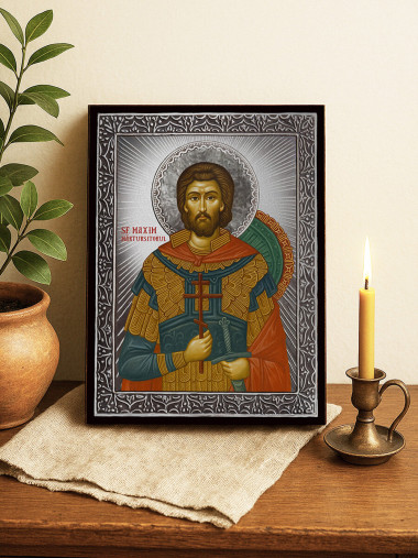 Icoană cu Sfântul Maxim cu raze argintii decorative