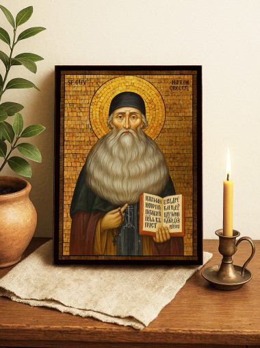 Icoană cu Sfântul Maxim Grecul cu mozaic auriu decorativ