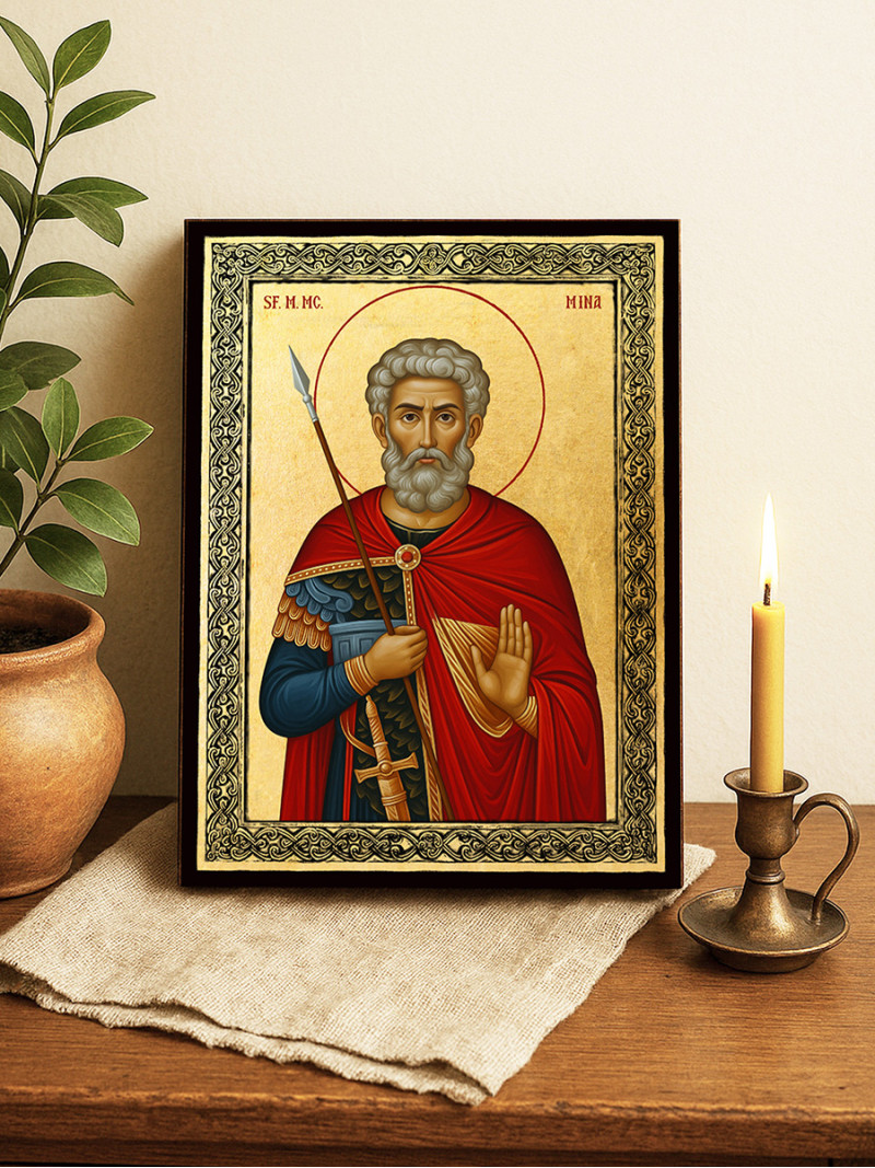 Icoană aurită cu Sfântul Mina și ramă decorativă