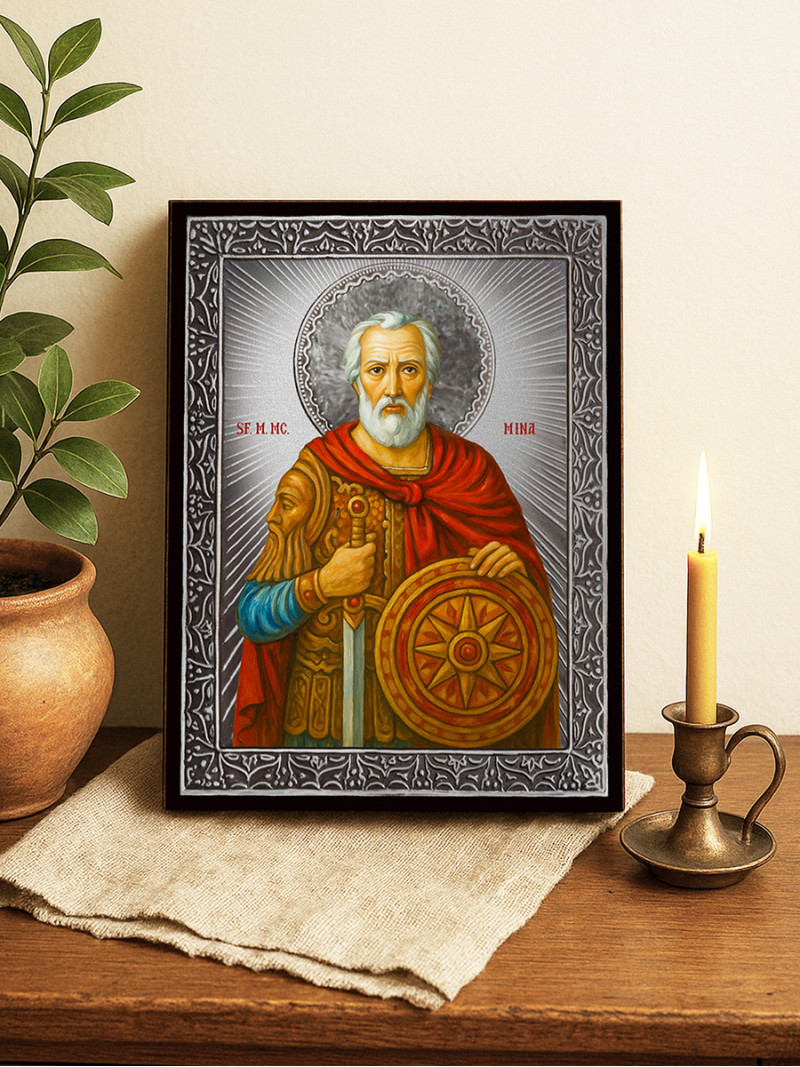 Icoană cu Sfântul Mina cu raze argintii decorative
