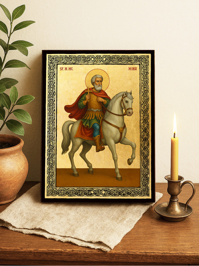 Icoană aurită cu Sfântul Mina călare și ramă decorativă