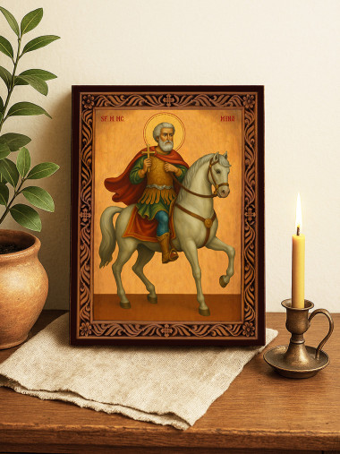Icoană cu Sfântul Mina călare cu ramă decorativă tip sculptură