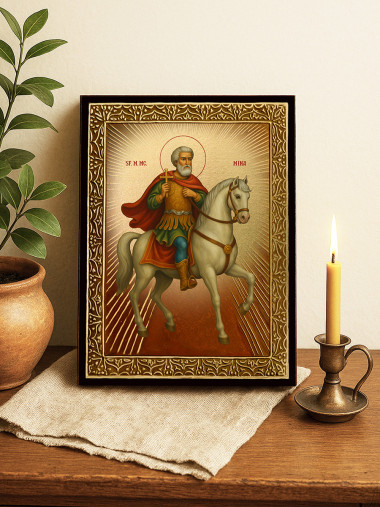 Icoană cu Sfântul Mina călare cu raze aurii decorative