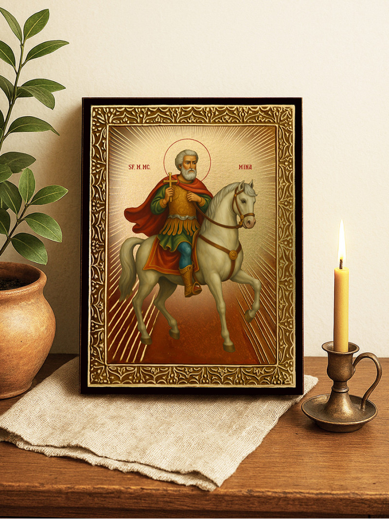 Icoană cu Sfântul Mina călare cu raze aurii decorative