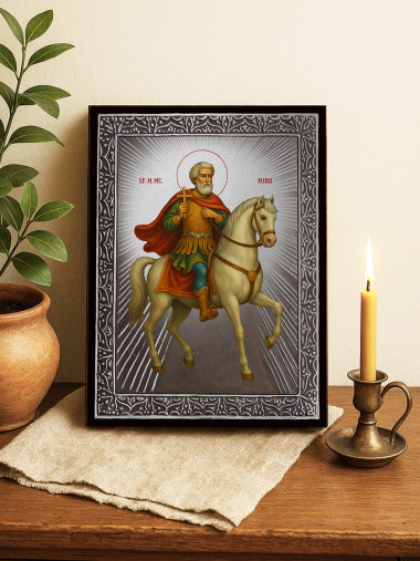 Icoană cu Sfântul Mina călare cu raze argintii decorative