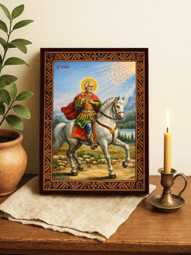 Icoană a Sfântului Mina călare – cu ramă decorativă