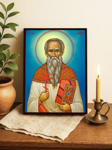 Icoană cu Sfântul Miron cu fundal ceresc