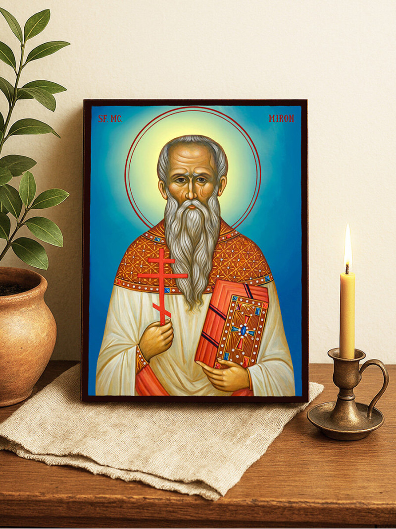 Icoană cu Sfântul Miron cu fundal ceresc