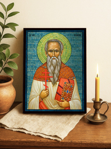 Icoană cu Sfântul Miron cu mozaic albastru argintiu