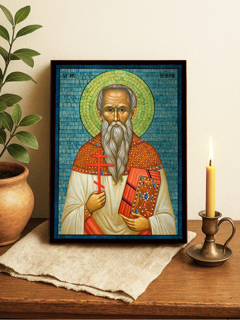Icoană cu Sfântul Miron cu mozaic albastru argintiu