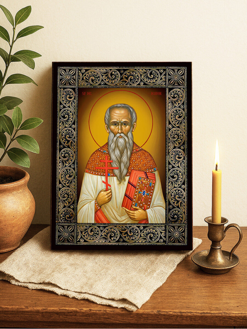 Icoană cu Sfântul Miron cu ramă florală decorativă