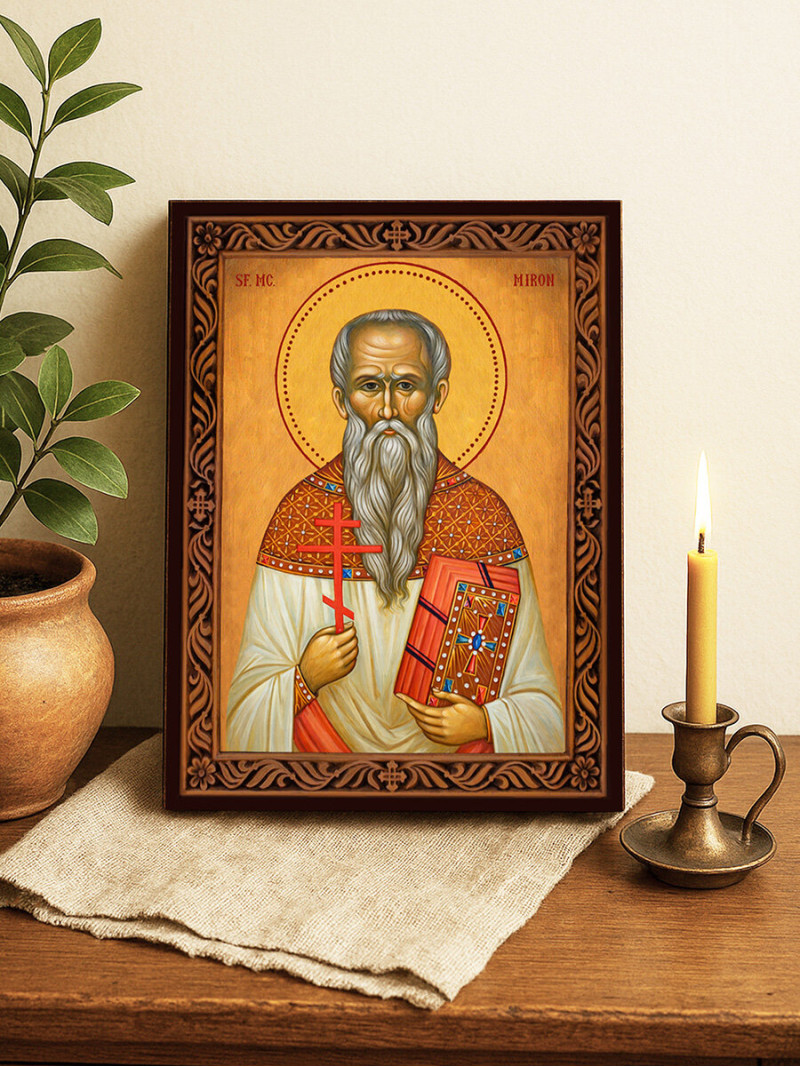 Icoană cu Sfântul Miron cu ramă decorativă stil sculptat