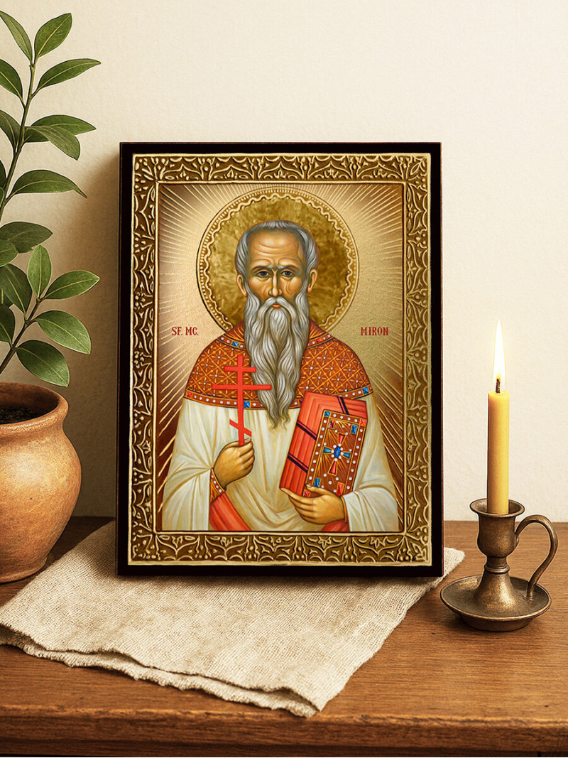 Icoană cu Sfântul Miron cu raze aurii decorative