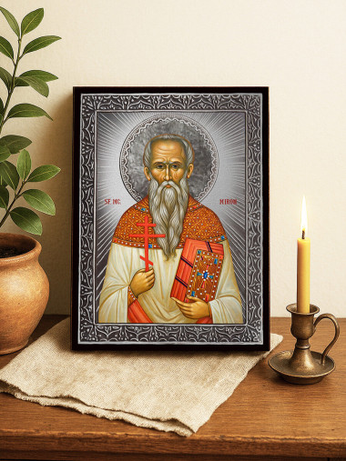 Icoană cu Sfântul Miron cu raze argintii decorative