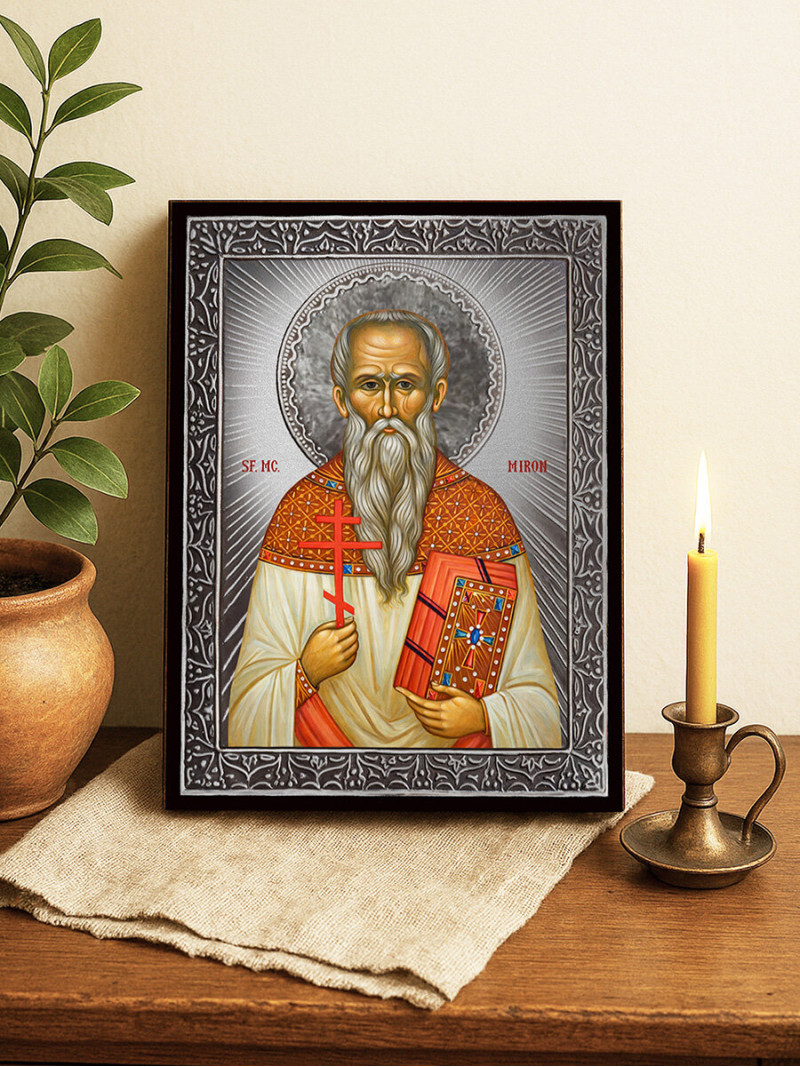 Icoană cu Sfântul Miron cu raze argintii decorative
