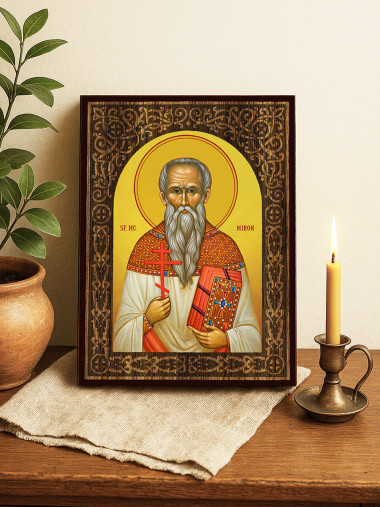 Icoană cu Sfântul Miron cu arc floral cu textură de lemn