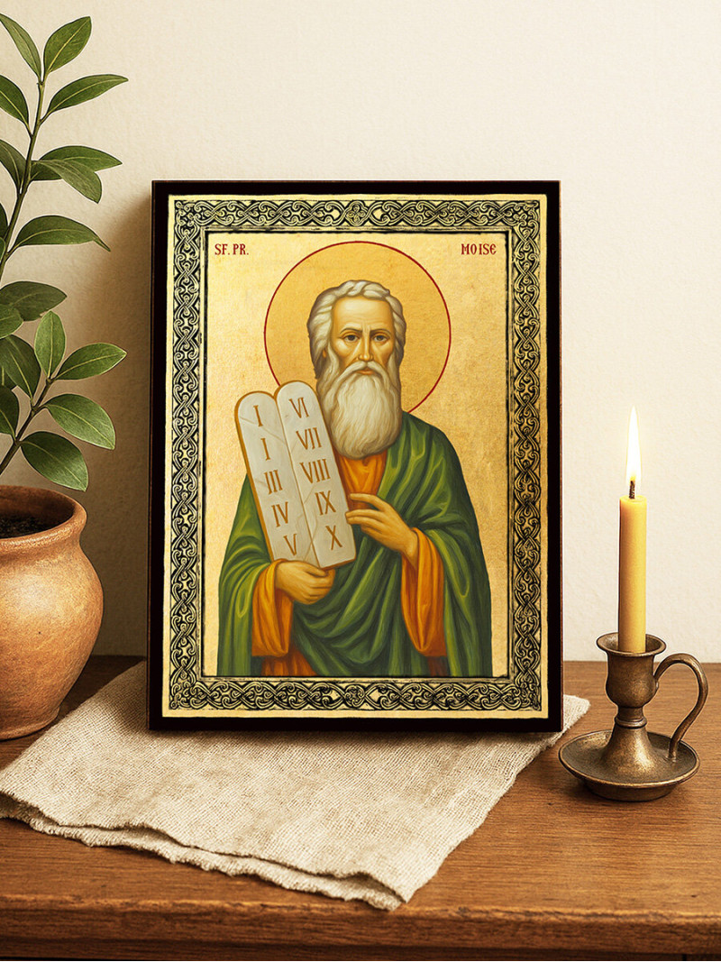 Icoană aurită cu Sfântul Moise și ramă decorativă