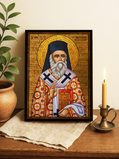 Icoană aurită cu Sfântul Nectarie Egineanul și mozaic decorativ