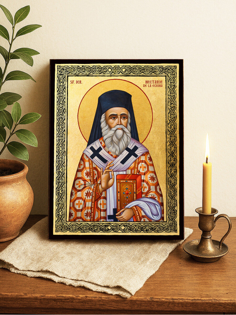 Icoană aurită cu Sfântul Nectarie Egineanul și ramă decorativă