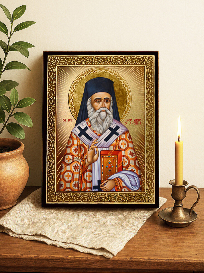 Icoană aurită cu Sfântul Nectarie Egineanul cu raze decorative