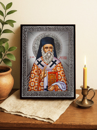 Icoană din argint cu Sfântul Nectarie Egineanul cu raze decorative