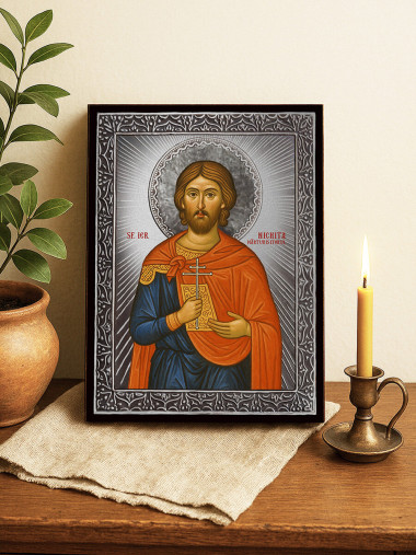 Icoană cu Sfântul Nichita cu raze argintii decorative