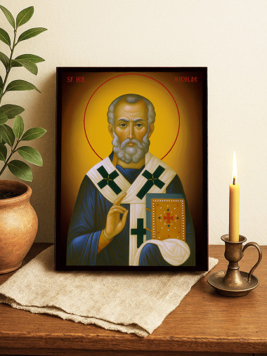 Icoană ortodoxă cu Sfântul Nicolae cu fundal galben luminos