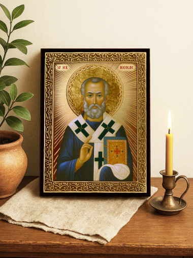 Icoană aurită cu Sfântul Nicolae cu raze decorative și ramă