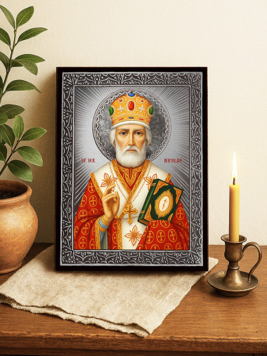 Icoană cu Sfântul Nicolae făcătorul de minuni cu raze argintii decorative