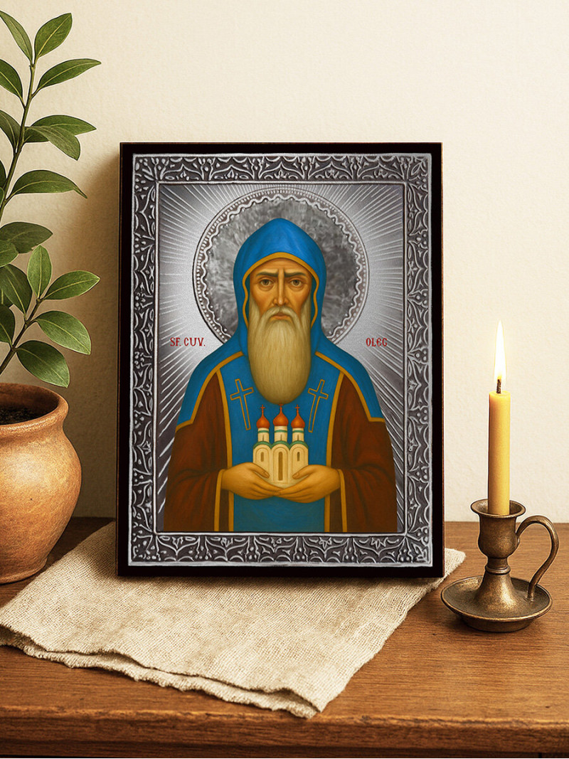 Icoană cu Sfântul Oleg cu raze argintii decorative