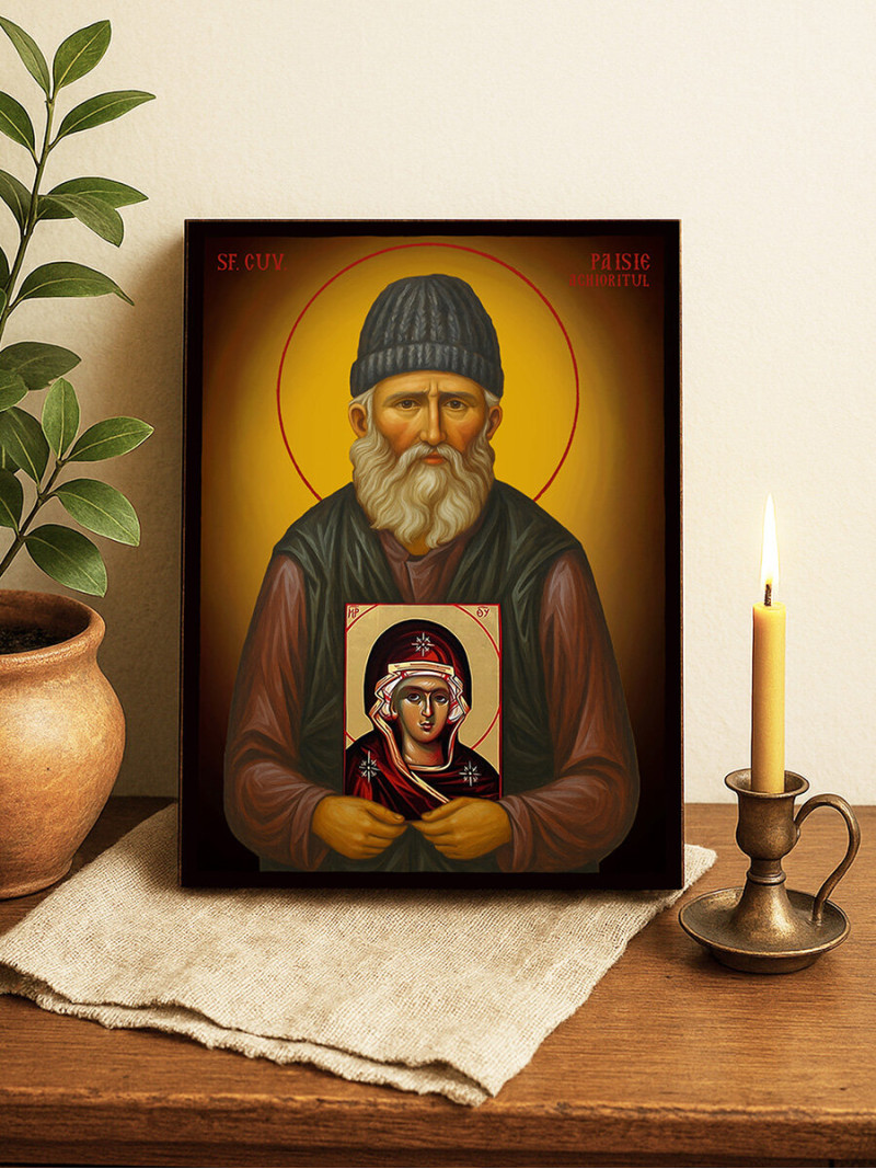 Icoană cu Sfântul Paisie cu fundal galben luminos